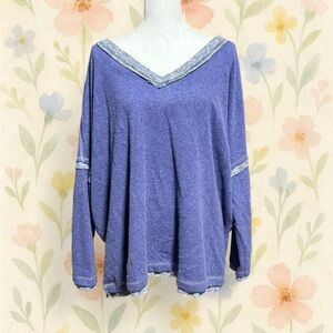 White Birch Blue V-Neck Fleece Long sleeve Top Oversized Cozy Sweater XL